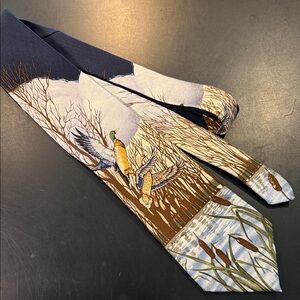FIELD WEAR Malard Duck Print Necktie in Blue and Brown 100% Silk Made in the USA